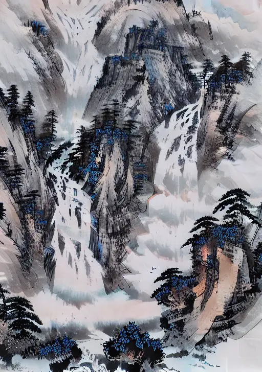((materpiece)), ((best quality)), ((high-res)),((extremly details)), ((Ink wash)), ((artist)), a painting of longly mountain and pine_tree, branch, no_humans, outdoors, scenery, birds, waterfall, indigo paint, zulishisong_style_mountains <lora:zulishisong:1>