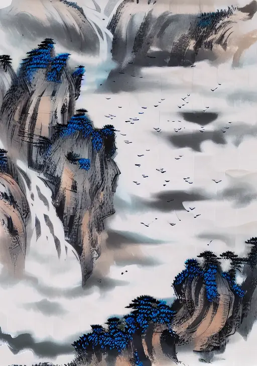 ((materpiece)), ((best quality)), ((high-res)), ((Ink wash)), ((artist)), a painting of longly mountain and pine_tree, branch, no_humans, outdoors, scenery, birds, waterfall, indigo paint, cloud, zulishisong_style_mountains, bare tree <lora:zulishisong:1>