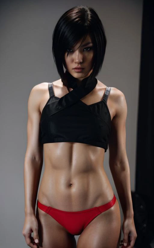 fashion photography, portrait, mefaith, short hair, black eyes, black hair, abs, red thong <lora:ME_FaithConnors-DEF:1>