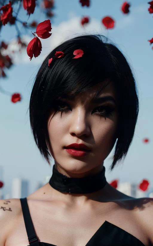 fashion photography, portrait, mefaith, short hair, black eyes, black hair, tattoo, red makeup, red glitter lipstick, sakura petals floating in the air <lora:ME_FaithConnors-DEF:1>