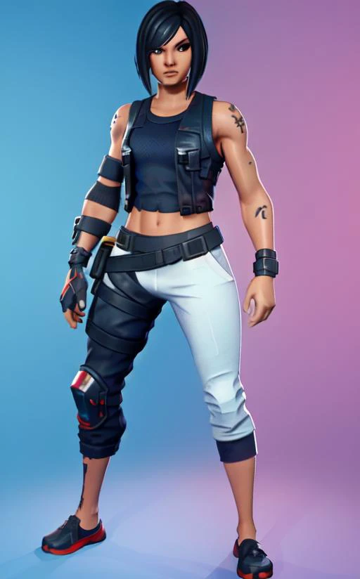 Fortnite, mefaith, short hair, black eyes, black hair, tattoo, vest, tank top, elbow guard, gloves, white jogger pants, abs, badass pose, blue background <lora:FortSketcherAlpha:.8> <lora:ME_FaithConnors-DEF:1>