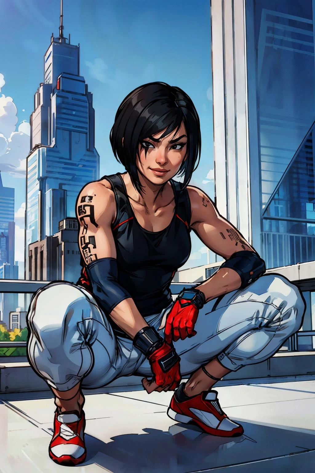 mefaith, short black hair, black eyes, shoulder tattoo, small breasts, vest, tank top, elbow guard,gloves, white jogger pants, red shoes, looking at viewer, serious, smirk, squatting, spreading legs, leaning forward, from_below, outside, cityscape, blue sky, high quality, masterpiece, <lora:ME_FaithConnors-DEF:.8>