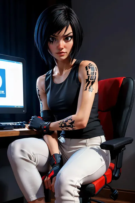 mefaith, short black hair, black eyes, shoulder tattoo, small breasts, tank top, elbow guard,gloves, white jogger pants, looking at viewer, serious, smirk, sitting, on chair, desk, typing on keyboard, computer, dark room, high quality, masterpiece, <lora:ME_FaithConnors-DEF:.8>