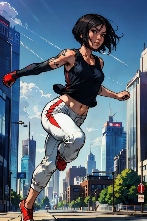 (best quality, masterpiece:1.2), ultra-detailed, perfect illustration, <lora:FaithMirror:0.7>, <lora:add_detail:1.2>, (((nipples, breasts out, on the edge of a skyscraper, perfectly white cityscape, Jumping, mimicking a karate kick))), (Small and conical breasts), lens flare, FaithMirror, 1girl, gloves, tattoo, fingerless gloves, pants, black hair, shoes, sneakers, short hair, tank top, lips, red footwear, face tattoo