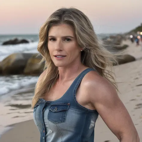 a photo of cory chase, ohwx, a woman on the beach, wearing jeans, best quality, fine details, detailed skin, cinematic lighting <lora:corychase_SDXL:0.9>