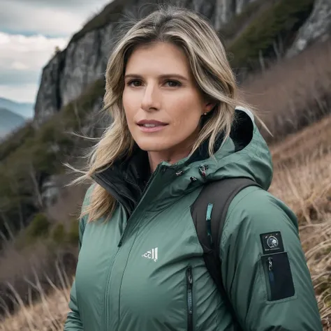 a photo of cory chase, ohwx, a woman on a mountain, wearing a jacket, best quality, fine details, detailed skin, cinematic lighting <lora:corychase_SDXL:0.8>