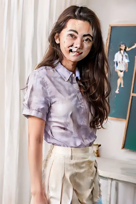 full body cute modelshoot style teen in (private school uniform shirt:1.5), perfect  body, medium breasts,  messy hair, slim body, at home, smile,  shallow depth of field, (high detailed skin:1.2), 8k uhd, dslr, soft lighting, high quality, film grain, 20mp, Fujifilm XT3,<lora:jessicaHenwickLora_vIO:1>  skirt lift