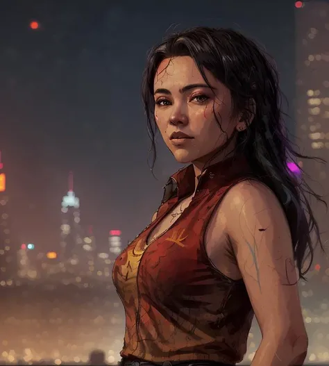 close up Portrait of jeshen in cyberpunk, red skirt, city and buildings in the background, in the artstyle of "Carne Griffiths"
<lora:Jessica_Henwick:0.9>