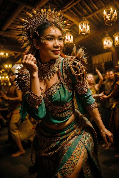 ancient dance photography,close up,beautiful ghost girl wearing colorful batik torso wrap and shawl,surrounded by warfare of rpgbarbarian person wearing heavy armor,dancing,wooden fantasy tavern,bamboo materials,ancient indonesia theme,gamelan majapahit,<lora:FantasyTavern:0.5>,FanTav,<lora:Dance Photography_20230622235003:0.5>,bokeh,<lora:RPGBarbarian:0.3>,<lora:g0s1 - Ghost:0.3>,g0s1,<lora:NatureStyle_530620:0.5>,naturestyle,amateur photograph,<lora:samba_dance_dress:0.1>,palace