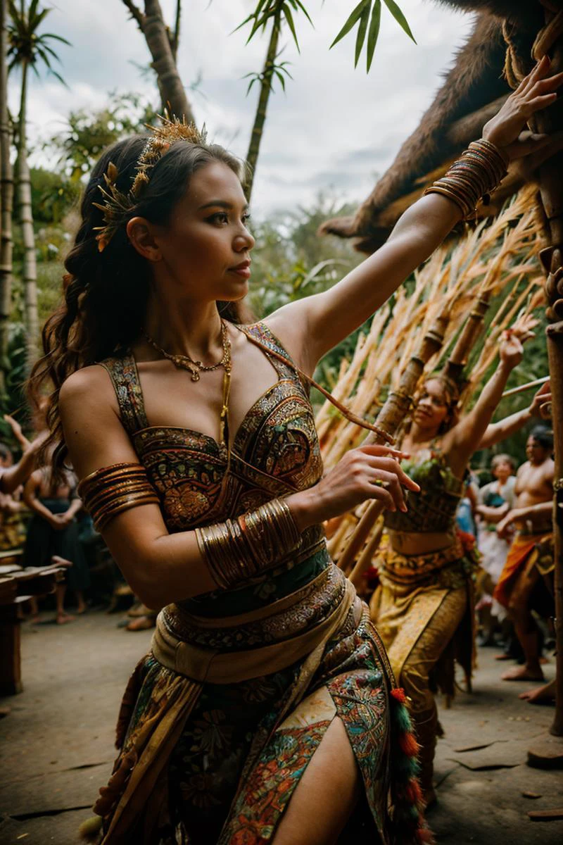 ancient dance photography,close up,beautiful ghost girl wearing colorful batik torso wrap and shawl,surrounded by warfare of rpgbarbarian person wearing heavy armor,dancing,wooden fantasy tavern,bamboo materials,ancient indonesia theme,gamelan majapahit,<lora:FantasyTavern:0.5>,FanTav,<lora:Dance Photography_20230622235003:0.5>,bokeh,<lora:RPGBarbarian:0.3>,<lora:g0s1 - Ghost:0.3>,g0s1,<lora:NatureStyle_530620:0.5>,naturestyle,amateur photograph,<lora:samba_dance_dress:0.1>,palace <lora:ARWJavaWeddingWoman:0.2>,