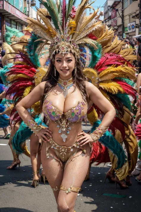 Woman in an extremely psychedelic portrait of the Rio Carnival, surreal, LSD, rosto, circunstanciado, intrincado, elegante, Fino, altamente detalhado, Pintura digital, Artstation, arte conceitual, liso, Crisp Focus, ilustration, todo o corpo na foto