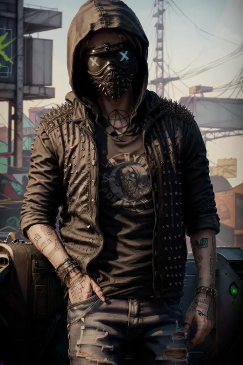 WrenchWatch, solo, hood, 1boy, bracelet, male focus, jewelry, tattoo, mask, denim, pants, jeans, jacket, hoodie, torn clothes, torn jeans, spikes, torn pants, ((next to an open garage with a cool car in it)), daylight, full body portrait
<lora:WrenchWatch:1> <lora:GoodHands-vanilla:1>
(masterpiece, extremely detailed, best quality, trending on artstation, realistic, raw photo, detailed face and eyes:1.4)