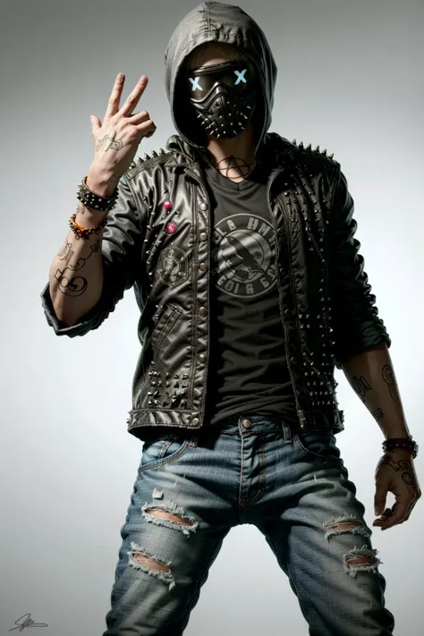 WrenchWatch, solo, hood, 1boy, bracelet, male focus, jewelry, tattoo, mask, denim, pants, jeans, jacket, hoodie, torn clothes, torn jeans, spikes, torn pants
<lora:epiNoiseoffset_v2:1>, <lora:WrenchWatch:0.7>