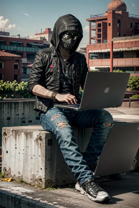 WrenchWatch, laptop, solo, computer, sitting, 1boy, shoes, sneakers, jacket, male focus, pants, torn pants, denim, outdoors, torn clothes, black jacket, leather jacket, building, jeans, tattoo, black pants, black footwear, helmet, leather, mask, indian style
<lora:epi_noiseoffset2:1>,   <lora:WrenchWatch:0.7>
