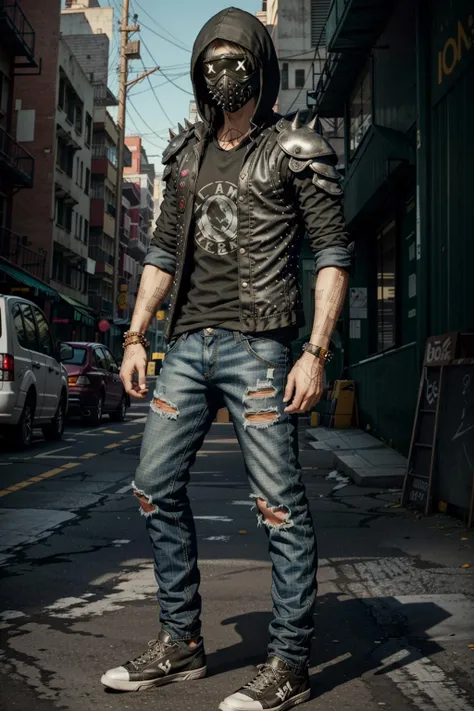 WrenchWatch, solo, hood, armor, denim, pants, male focus, jeans, 1boy, shoes, sneakers, mask, spikes, jewelry, torn jeans, torn clothes, torn pants, bracelet, hoodie, knee pads, jacket, standing, full body, shoulder armor
<lora:epi_noiseoffset2:1>, <lora:WrenchWatch:0.7>