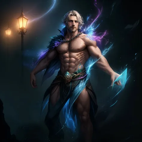 a lean hairy shirtless man, body covered in colourful splashes of lights, full body, dynamic pose, moody, award winning concept art, 4K, HDR, natural lighting, illuminism, fractals, conjuring, sorcerer,