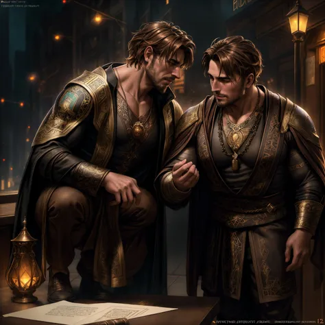 A tender moment between two men, illuminated by the warm glow of a street light, messy brown hair, pirate, full body, cover, hyperdetailed painting, luminism, Bar lighting, complex, ancient greek clothes, messy brown old clothes, 4k resolution concept art, Artgerm, WLOP, Alphonse Mucha, 3d render, octane render, intricately detailed, cinematic, trending on artstation | Isometric | Centred hyperrealistic cover photo awesome full colour, hand drawn, dark, gritty, realistic mucha, klimt, erte .12k, intricate. hit definition , cinematic,Rough sketch, mix of bold dark lines and loose lines, bold lines, on paper, Full body.