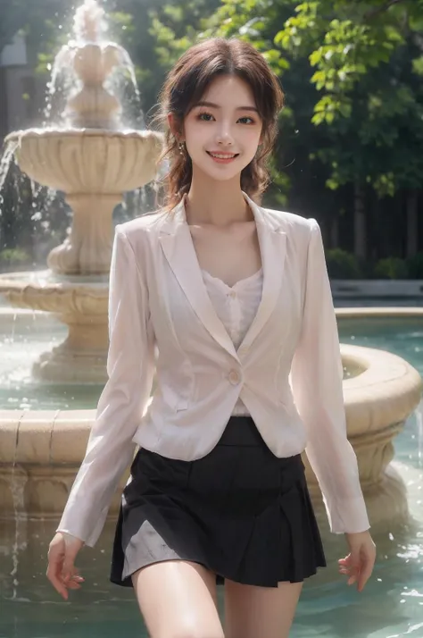(A young and energetic girl:1.2),Smile,Happiness,(white suit:1.2),(black short skirt:1.4),(Beautiful and delicate skin:1.1),Date,(Blush:1.1),
(Gentle and delicate sunshine:1.1),clear water,free,photography,<lora:fountainå·æ³_v1.0:0.52>,fountain,, masterpiece, best quality,