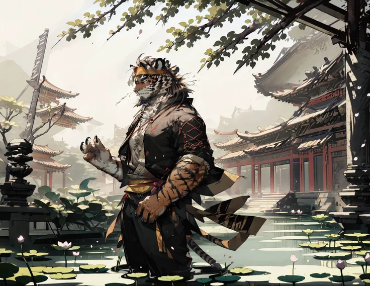 masterpiece,best quality,1boy,(huai_tianpei:1.3),solo,muscular male,hi res,8k hd,extreme detail,detailed background,masterpiece,muscular,muscular anthro,(sweat:1.2),aged up,looking at viewer,hair bun,beard,sideburns,open clothes,chinese clothes,claws,thick eyebrows,orange body,facial hair,brown hair,headband,tiger ears,tiger Boy,medium hair,<lora:gameV4-0.2-0.3-6-None-b6-bf16-D128-A128-1-ep300-768-DAdaptation-constant:0.7>,solo,mid shot,full body,<lora:GachaSplashAlter_2:0.8>,Plum blossom,Chinese architecture,rain,[(white background:1.4), ::2],pond,Lotus flower, <lora:huai tianpei_20230803220057-000019:0.8>