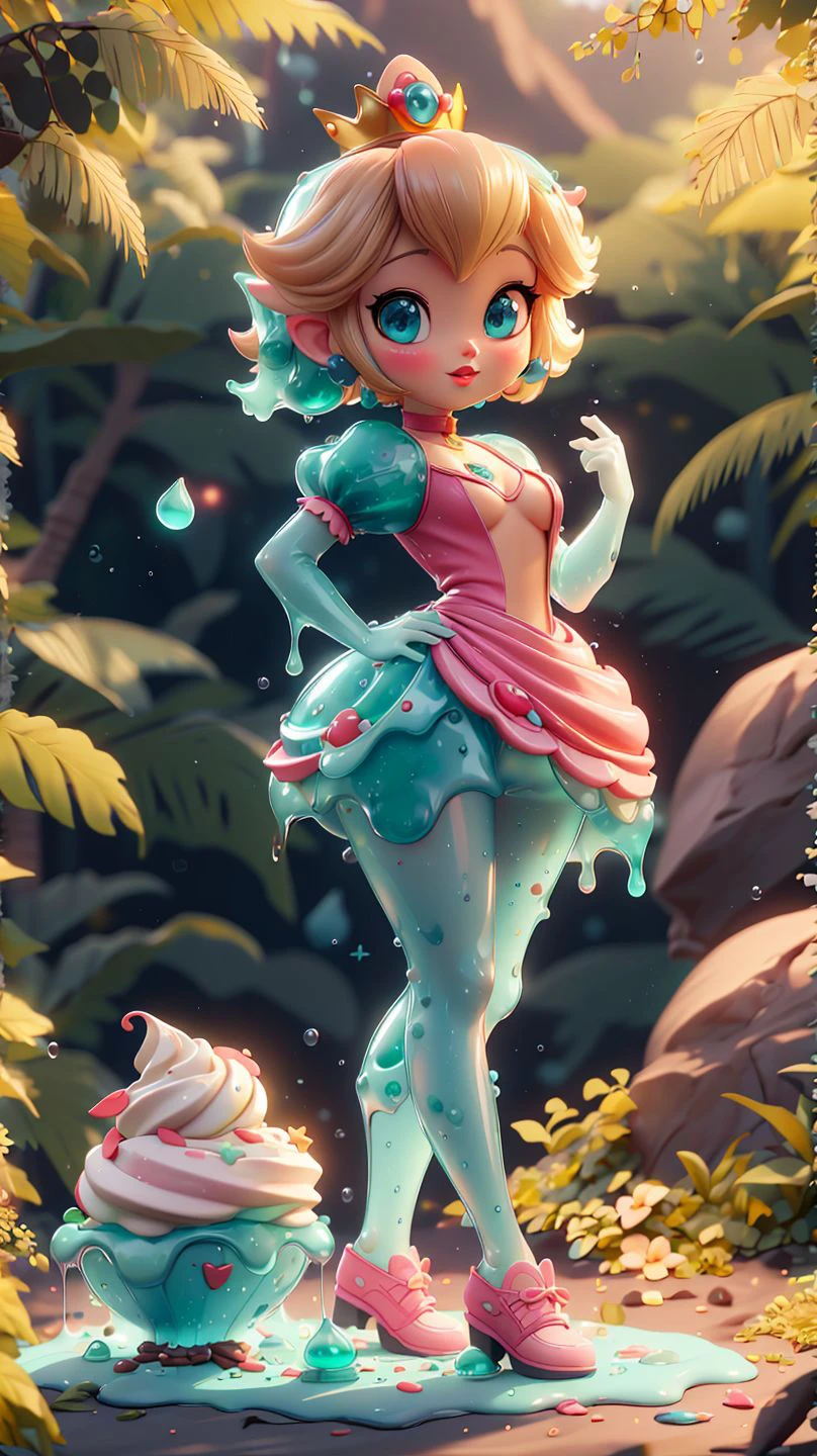 <lora:MintSlimeSkin3:0.8>,mintslimeskin,(luminescent translucent body:1.1),<lora:PrincessPeachMovie:0.6>,pink dress,1girl,female,princesspeach,(flat chest:1.21),(small breasts:1.21),narrow waist,skinny,groin,blue eyes,choker,detailed eyes,glossy lips,pink lips,light smile,masterpiece,perfect ligthing,bloom,cinematic lighting,day,outdoors,ocean,beach,highres,standing,looking at viewer,dynamic pose,solo focus,