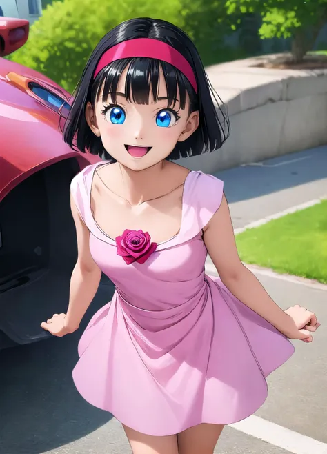 masterpiece, best quality, highest quality, photorealistic, perfect anatomy, perfect face, perfect eyes,
<lora:videldbspinkdress_ex_01:0.9>, videldbspinkdress, 1girl, solo, black hair, blue eyes, hairband, short hair, red hairband, pink dress, rose, smile, teeth, outdoors, grin