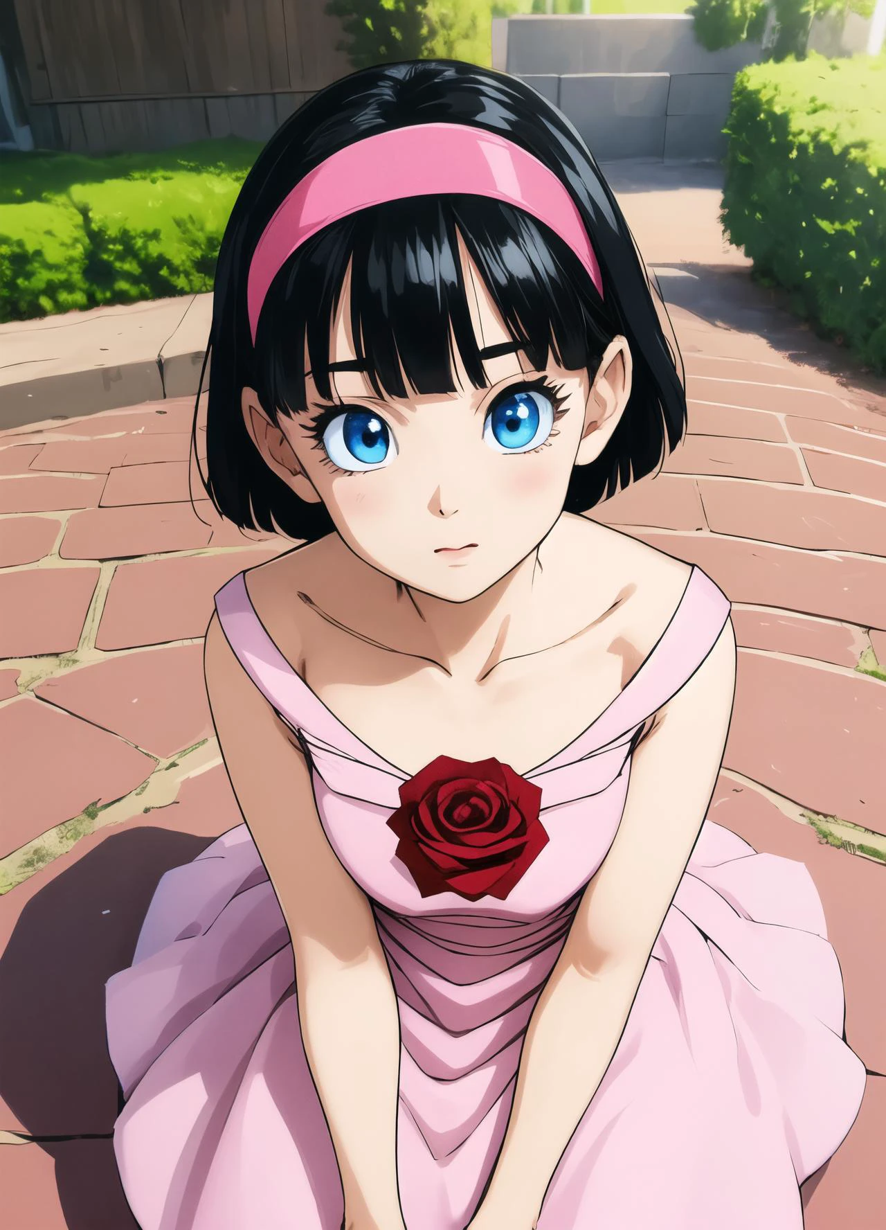 masterpiece, best quality, highest quality, photorealistic, perfect anatomy, perfect face, perfect eyes,
<lora:videldbspinkdress_ex_01:0.9>, videldbspinkdress, 1girl, solo, black hair, dress, blue eyes, hairband, short hair, pink dress, flower, rose, red hairband, outdoors