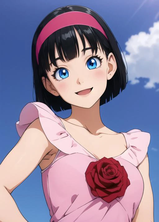 masterpiece, best quality, highest quality, photorealistic, perfect anatomy, perfect face, perfect eyes,
<lora:videldbspinkdress_ex_01:0.7>, videldbspinkdress, 1girl, solo, black hair, dress, blue eyes, hairband, smile, short hair, pink dress, flower, rose, red hairband