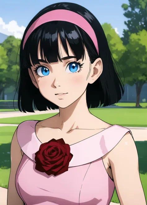 masterpiece, best quality, highest quality, photorealistic, perfect anatomy, perfect face, perfect eyes,
<lora:videldbspinkdress_ex_01:0.9>, videldbspinkdress, 1girl, solo, black hair, dress, blue eyes, hairband, short hair, pink dress, flower, rose, red hairband, outdoors