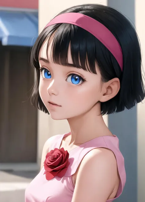 masterpiece, best quality, highest quality, photorealistic, perfect anatomy, perfect face, perfect eyes,
<lora:videldbspinkdress_ex_01:0.9>, videldbspinkdress, 1girl, solo, black hair, blue eyes, hairband, short hair, red hairband, pink dress, rose
