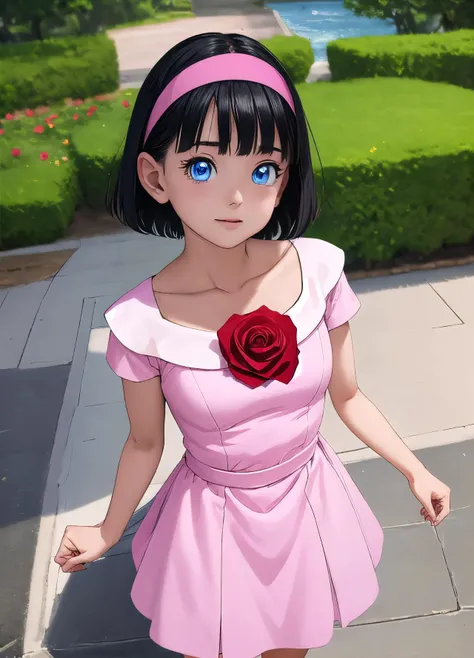 masterpiece, best quality, highest quality, photorealistic, perfect anatomy, perfect face, perfect eyes,
<lora:videldbspinkdress_ex_01:0.9>,  videldbspinkdress, 1girl, solo, black hair,  blue eyes, hairband, short hair, red hairband, pink dress, rose