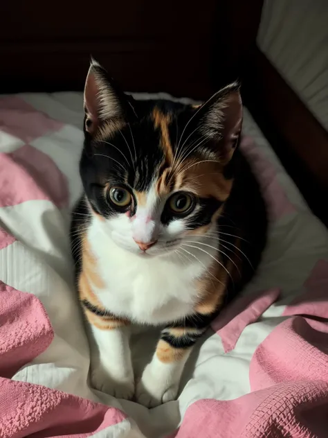 (masterpiece), extremely intricate, (realistic), nature, flowers, sharp focus, dramatic, award winning, cinematic lighting, octane render, unreal engine, volumetrics dtx, 1kitten sitting on quilt, calico, mikeneko, from above, chibi, ((full body)),<lora:mikeneko:0.7>, (looking at viewer), Style-Japan