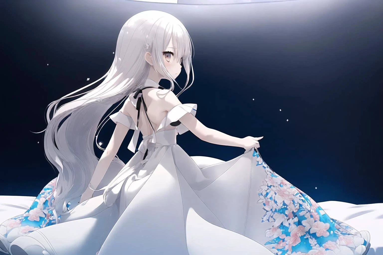 1girl,extremely detailed,high quality,highres,16K,RAW,ultra highres,ultra details,finely detail,an extremely delicate and beautiful,extremely detailed,lovely sweet cute moe face,glowing skin,blush cheeks,cinematic lighting,sharp focus bokeh,highlight cinematicpostprocessing,intricate human hands fingers,thighs,pale skin,(masterpiece, top quality, best quality, official art, beautiful and aesthetic:1.2),hair between eyes,white skin,simple background,(blank stare:1.5),(short body, petite body:1.5),(:3:1.2), girl,hair between eyes,full-face blush,cowboy shot,chibi,bangs,(spread legs:1.2),on bed,bed room,(small,cute:1.1),(from behind,from back,all four knees:1.5),top down bottom up,silver hair,very long hair,wavy hair,<lora:yukiyomogi:1>,yukiyomogi,