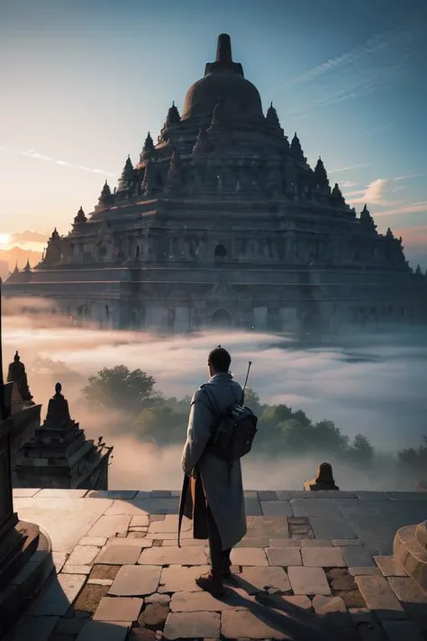 masterpiece, high quality,highres,  a man in front of gigantic candi buddha building on mountain, statue of buddha, reflective floor, epic, fog, dawn, dramatic lighting, dim light, forest, cliff, advntr, <lora:epi_noiseoffset2:0.6> <lora:add_detail:0.4>  <lora:ARWCandiBuddha:1>