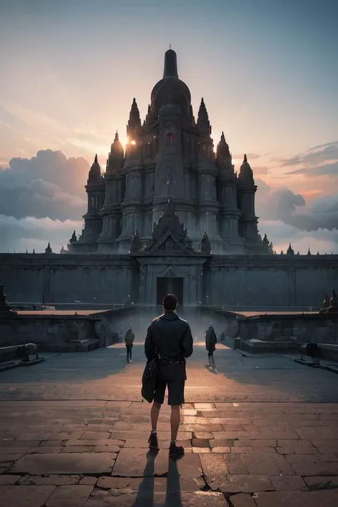 masterpiece, high quality,highres, a man in front of gigantic candi buddha building on mountain, statue of buddha, reflective floor, epic, fog, dawn, dramatic lighting, dim light, forest, cliff, advntr, buddha statue, <lora:epi_noiseoffset2:0.6> <lora:add_detail:0.4> <lora:ARWCandiBuddha:1> <lora:zyd232_BuddhaStatue_v1.1:0.35>