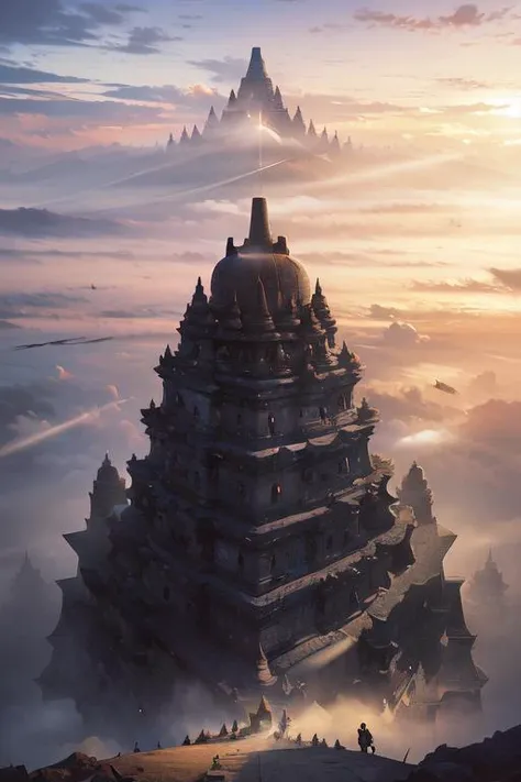 a man in front of gigantic candi buddha building on mountain, buddha statue, reflective floor, epic, fog, dawn, dramatic lighting, dim light, forest, cliff, advntr, concept <lora:ARWCandiBuddha:1> <lora:detailmaker:0.7> <lora:Concept_scenery_background:0.4>