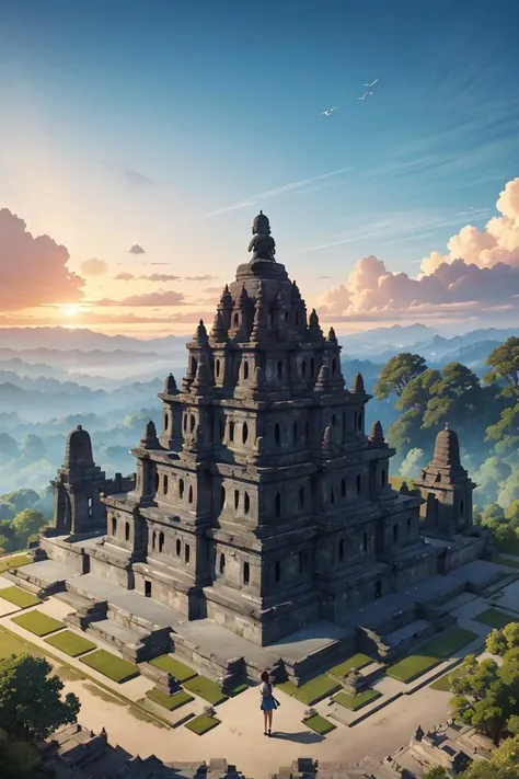 a girl in front of candi buddha building complex, ornament, relief, detailed, epic, clear sky, cloudy blue sky, mountains, forest, cliff, birds, tree, advntr, <lora:ARWCandiBuddha:1>