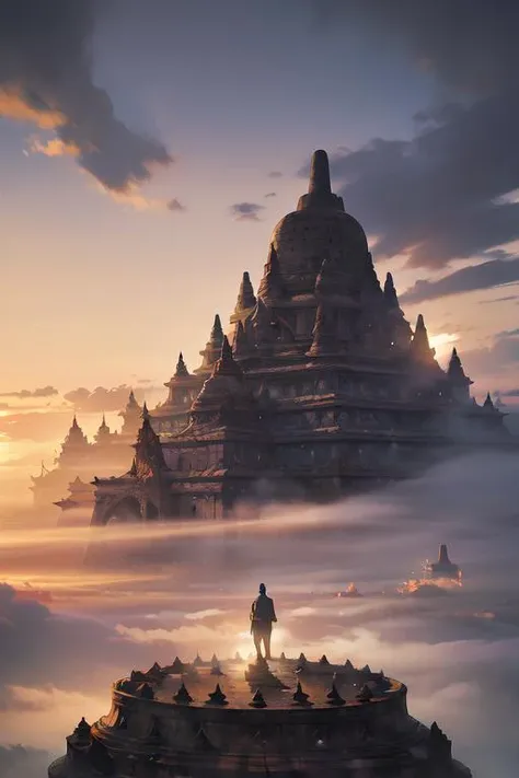 a man in front of gigantic candi buddha building on mountain, buddha statue, reflective floor, epic, fog, dawn, dramatic lighting, dim light, forest, cliff, advntr, concept <lora:ARWCandiBuddha:1>  <lora:detailmaker:0.7> <lora:Concept_scenery_background:0.4>
