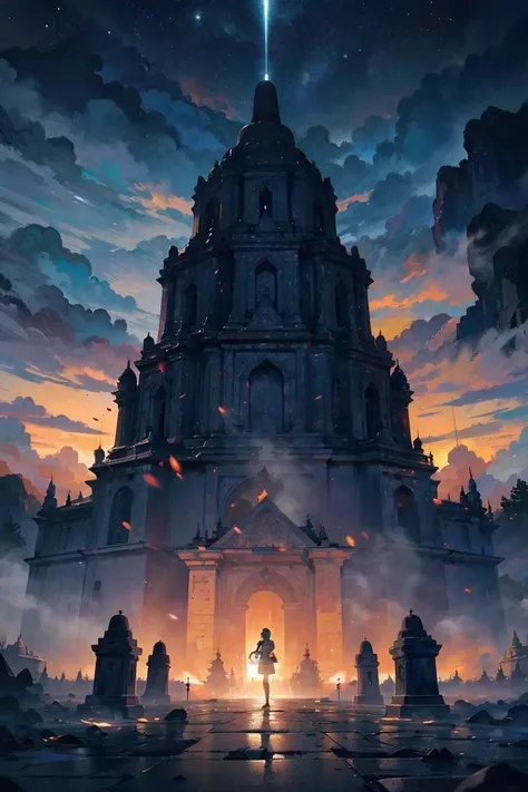 1girl, a girl in front of gigantic candi buddha building on mountain, buddha statue, reflective floor, epic, fog, dawn, dramatic lighting, dim light, forest, cliff, advntr, <lora:ARWCandiBuddha:1> <lora:epi_noiseoffset2:0.6> <lora:add_detail:0.4>