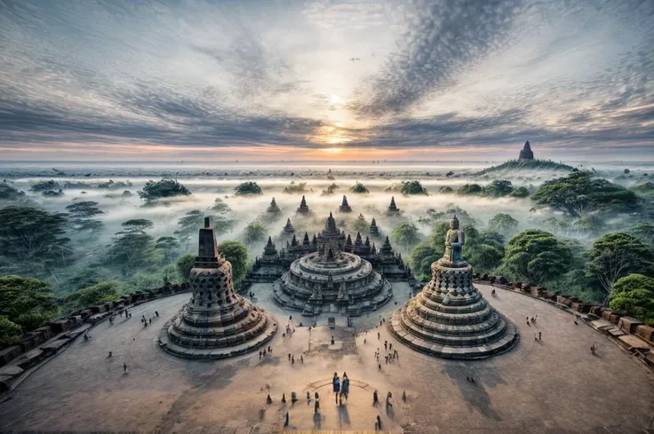a man in front of gigantic candi buddha building on mountain, statue of buddha, reflective floor, epic, fog, dawn, dramatic lighting, dim light, forest, cliff, <lora:ARWCandiBuddha:1> advntr, <lora:epi_noiseoffset2:0.6> <lora:add_detail:0.4>