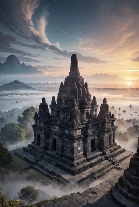 portrait of candi buddha building complex, epic, fog, dawn, dramatic lighting, dim light, mountains, forest, cliff, <lora:ARWCandiBuddha:1> advntr