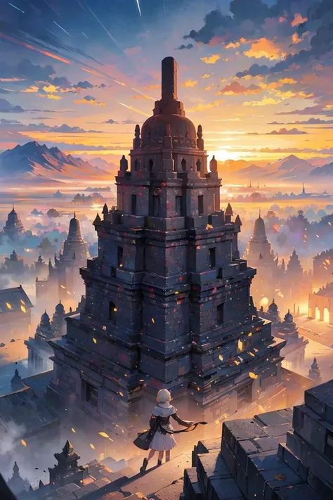 a girl in front of candi buddha building complex, ornament, relief, detailed, epic, clear sky, cloudy blue sky, mountains, forest, cliff, <lora:ARWCandiBuddha:1> advntr,