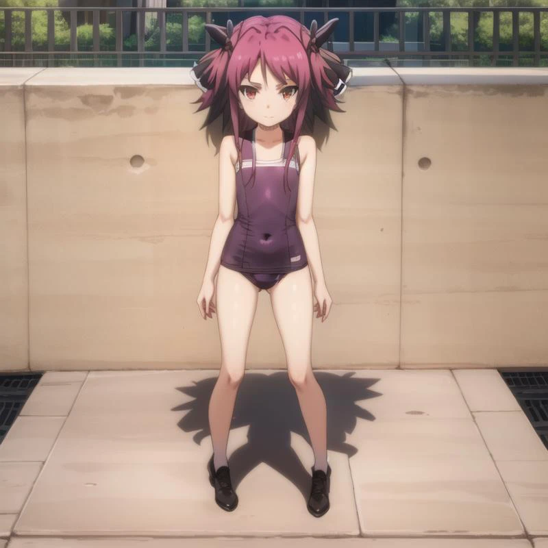 mondaiji-pest, swimsuit, short hair, purple hair, red iris, hair ribbon, full body, solo, 1girl, outdoors <lora:mondaiji-pest-000002:1.0>