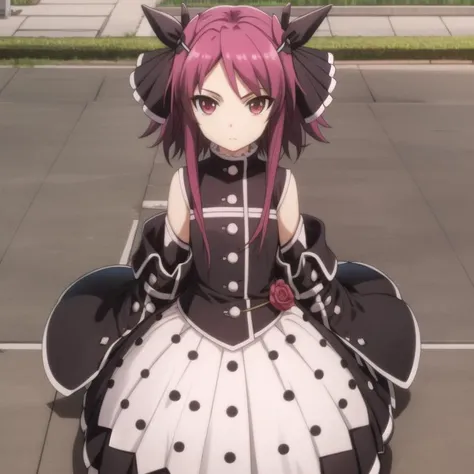 mondaiji-pest, black dress detached sleeves white skirt, short hair, purple hair, red iris, hair ribbon, full body, solo, 1girl, outdoors <lora:mondaiji-pest-000002:0.7>