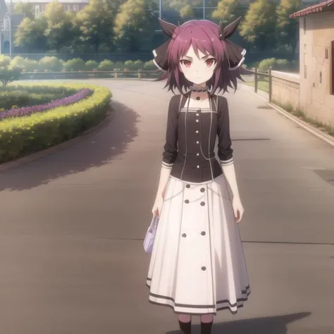 mondaiji-pest, casual clothes, short hair, purple hair, red iris, hair ribbon, full body, solo, 1girl, outdoors <lora:mondaiji-pest-000002:0.8>