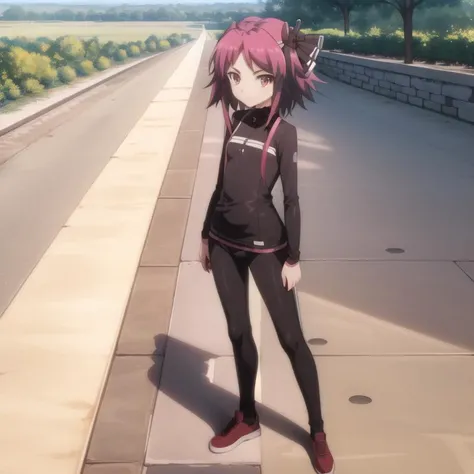 mondaiji-pest, swimsuit, short hair, purple hair, red iris, hair ribbon, full body, solo, 1girl, outdoors <lora:mondaiji-pest-000002:1.0>