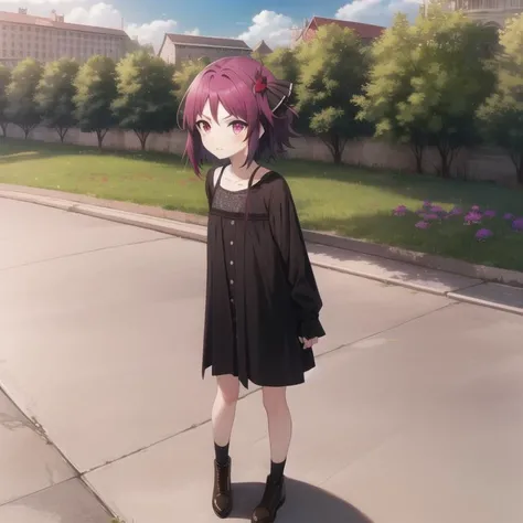 mondaiji-pest, casual clothes, short hair, purple hair, red iris, hair ribbon, full body, solo, 1girl, outdoors <lora:mondaiji-pest-000002:0.7>