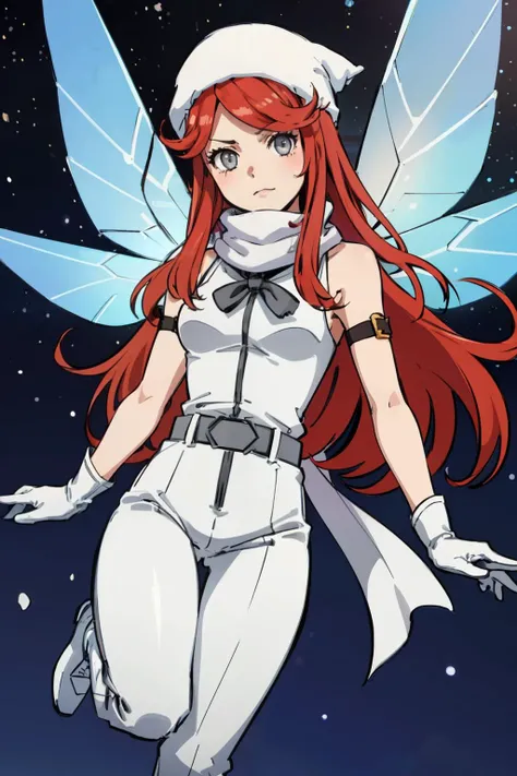 best quality, masterpiece, 1girl, solo, a cute picture of airidesu2, (red hair:1.2), (long hair:1.2), beanie, grey eyes, gloves, scarf, dress, white pants, white footwear, pink belt, wings, fairy, cowboy shot, night, stars, <lora:Airi_Fp:1>, <lyco:GoodHands-beta2:1>, <lora:zs_PixieDS:0.8>