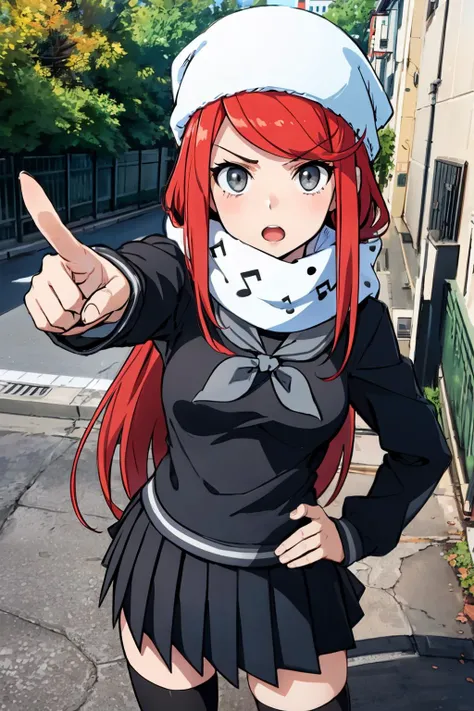 best quality, masterpiece, 1girl, solo, a cute picture of airidesu2, red hair, long hair, grey eyes, school uniform, beanie, thighhighs, scarf, skirt, musical note print, enpera, cowboy shot, park, city, standing, close up, looking at viewer, tsundere, hand on own hip, (pointing at viewer:1.2), (from above:1.2), <lora:Airi_Fp:1>, <lyco:GoodHands-beta2:1>