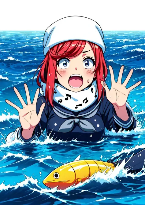 (masterpiece, high quality,shiny skin:1.2) ,vivid color, high contrast,<lora:more_details:0.2>, <lora:GoodHands-beta2:1>,1girl,<lora:Airi_Fp:1> airidesu2, red hair, long hair, grey eyes,school uniform, beanie, thighhighs, scarf, skirt, musical note print,panicking,BREAK,<lora:drowning:0.4>,drowning,splashing,waves,water,hands up,(upper body,floating,swimming,ocean) <lora:shihaku-eye:1>