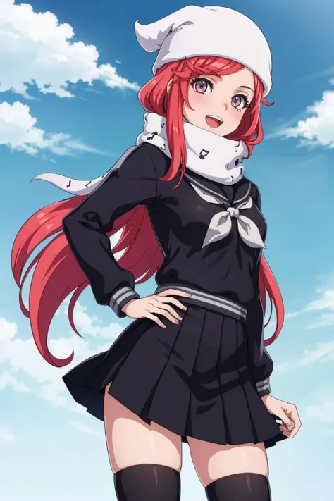 masterpiece, best quality, solo, 1girl, :d, <lora:Airi_Fp:1>, airidesu2, school uniform, beanie, thighhighs, scarf, skirt, musical note print, <lora:FE-ENGAGE S Rank_Fp:1>, cloud, sky, head tilt,